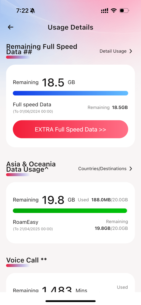 Usage details screen of the CTM Buddy app displaying remaining mobile data and roaming usage