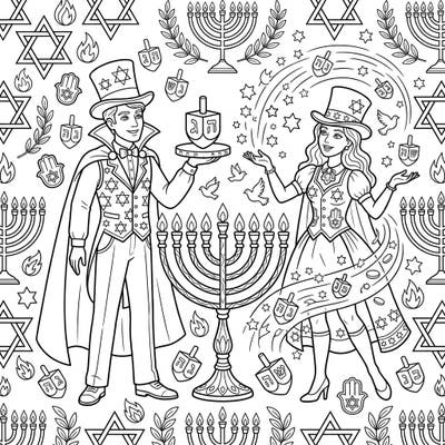 Step into a world where magic meets tradition with this enchanting Hanukkah coloring page featuring two illusionists performing amidst festive symbols. This unique design offers a creative way to celebrate the Festival of Lights.