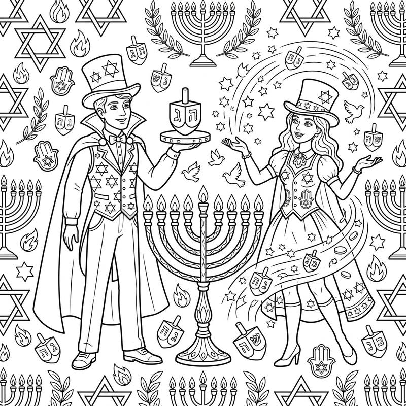 Step into a world where magic meets tradition with this enchanting Hanukkah coloring page featuring two illusionists performing amidst festive symbols. This unique design offers a creative way to celebrate the Festival of Lights.