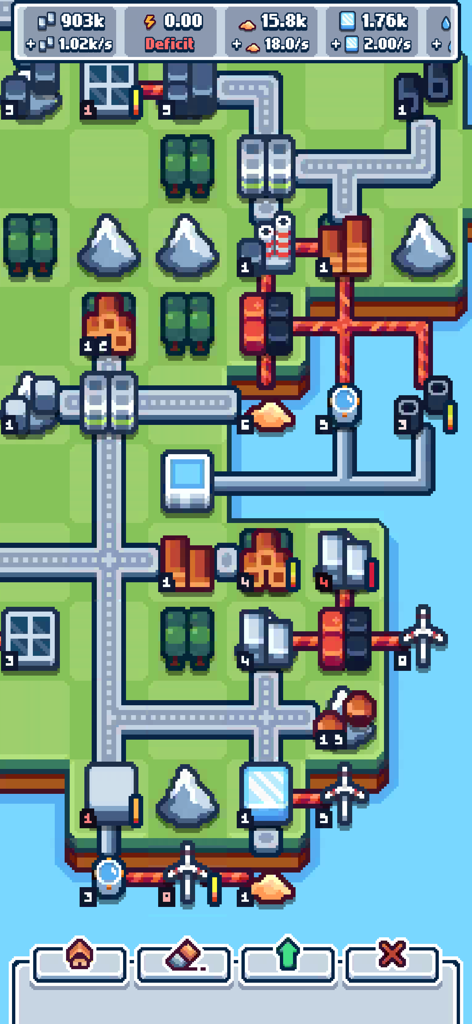 Production Chain Tycoon - Pixel art gameplay showing an industrial island with production lines and resource management stats