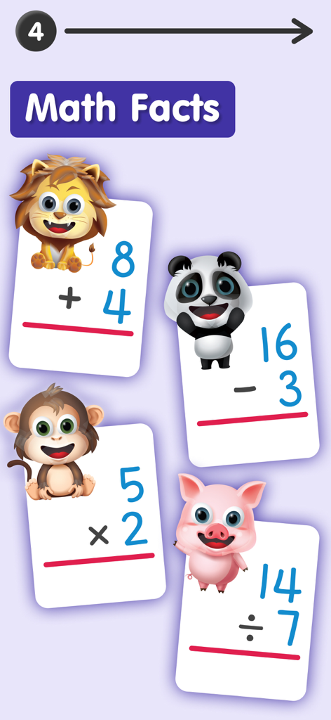 Math facts flashcards for kids with addition subtraction multiplication and division featuring cute cartoon animals
