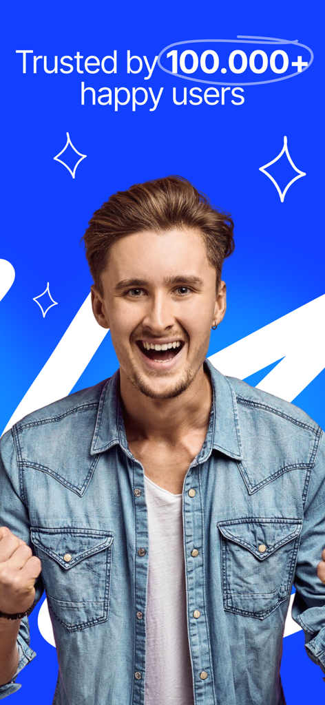 Borrow Money – Fast Loans App - Happy young man celebrating with the text Trusted by 100,000 plus happy users for the Borrow Money app