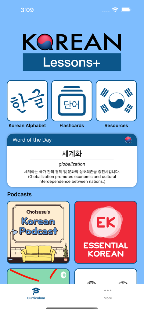 The home screen of the Korean Lessons+ app showing alphabet lessons, flashcards, word of the day, and educational podcasts.