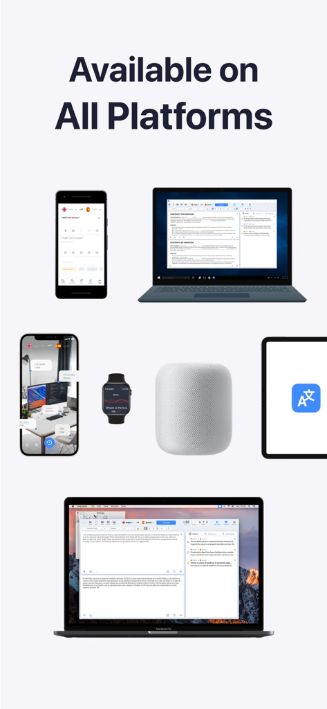 Lingvanex language translator app shown on iPhone Apple Watch iPad and laptops
