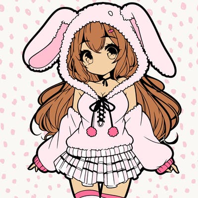 pretty anime girl wearing a fluffy hoodie with bunny ears on the hood and a skirt