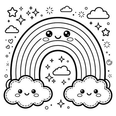 Bring this delightful Kawaii rainbow scene to life with your favorite colors! Featuring a cheerful rainbow arching over two cute smiling clouds, this page promises a joyful coloring experience for all ages.