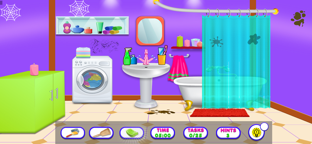 Bagno disordinato di una casa delle bambole con lavatrice e vasca da bagno in attesa di essere puliti in un gioco per principesse