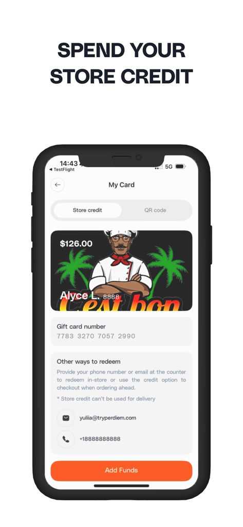 C’est Bon Creole Cuisine - Digital store credit card interface in the C'est Bon app showing a balance of 126 dollars and a gift card number.