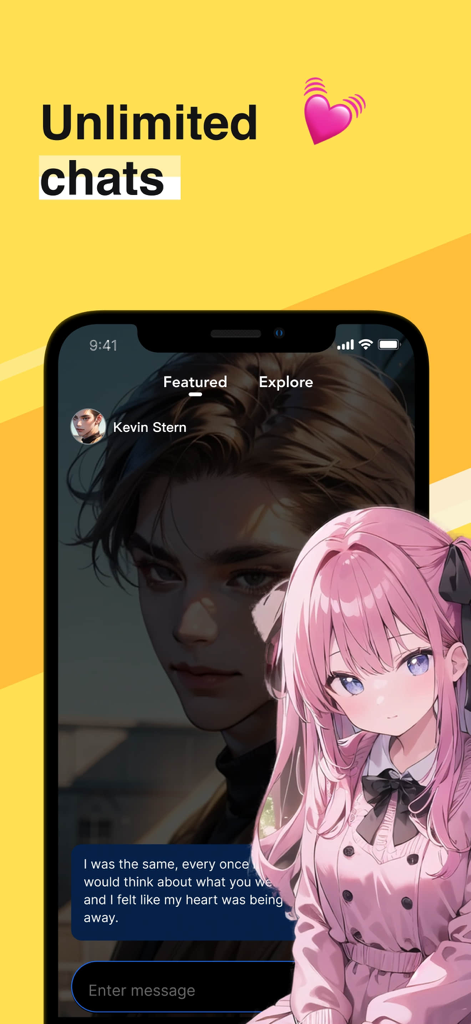 Interface de l'application mobile Talk AI montrant des discussions de jeu de rôle illimitées avec des personnages d'anime.