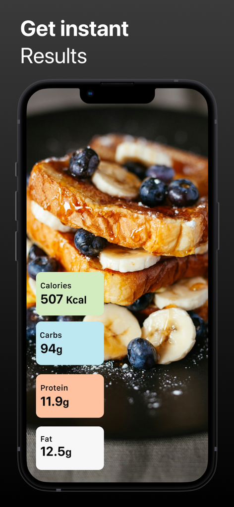SnapKal: Photo Calorie Counter - SnapKalアプリのインターフェースに、食事のカロリーとマクロ栄養素の内訳が表示されている様子