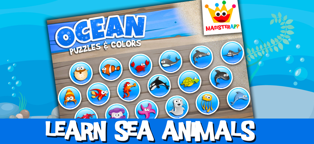 Ocean Games: Kids & Girls 1-6 - Menu di selezione di animali marini cartone animato come pesci, balene e granchi per un gioco educativo per bambini