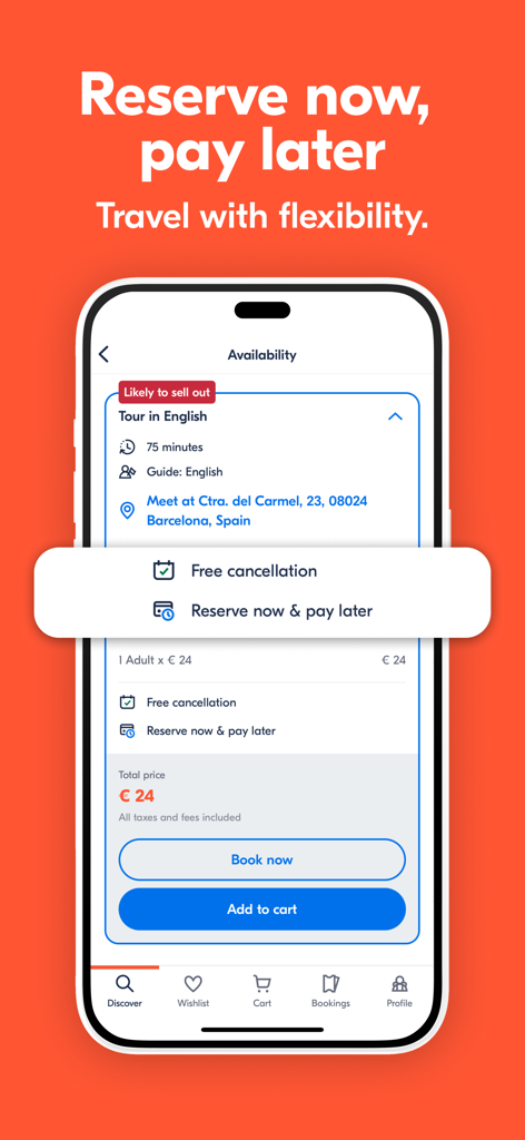 GetYourGuide app showing tour booking options with reserve now pay later and free cancellation