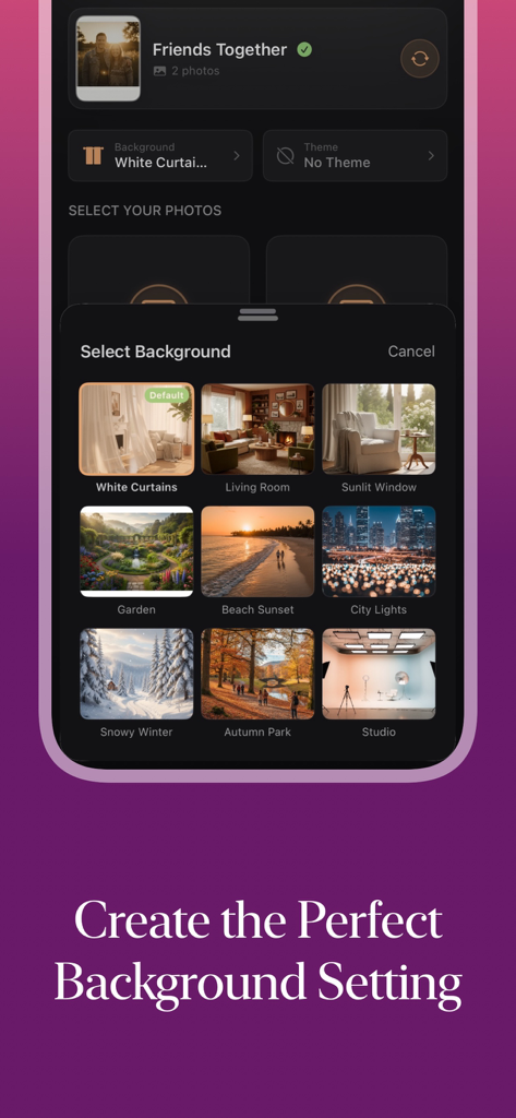 Polaroid AI  Photo Generator - A mobile app interface displaying a variety of AI-generated background options including garden beach sunset and snowy winter for vintage photo creation