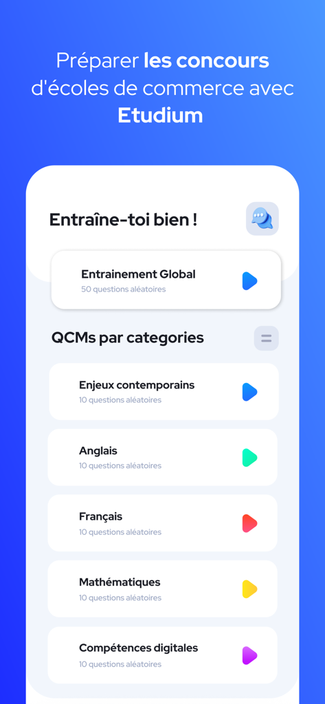 Etudium app interface showing practice quiz categories for business school entrance exams