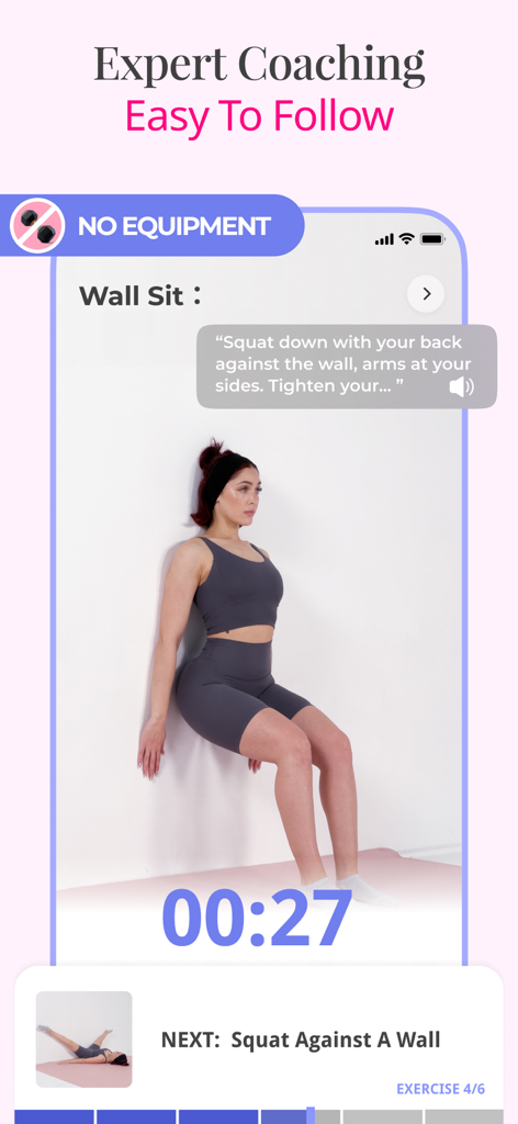 Wall Pilates app interface featuring a woman performing a wall sit exercise with a timer and expert coaching instructions