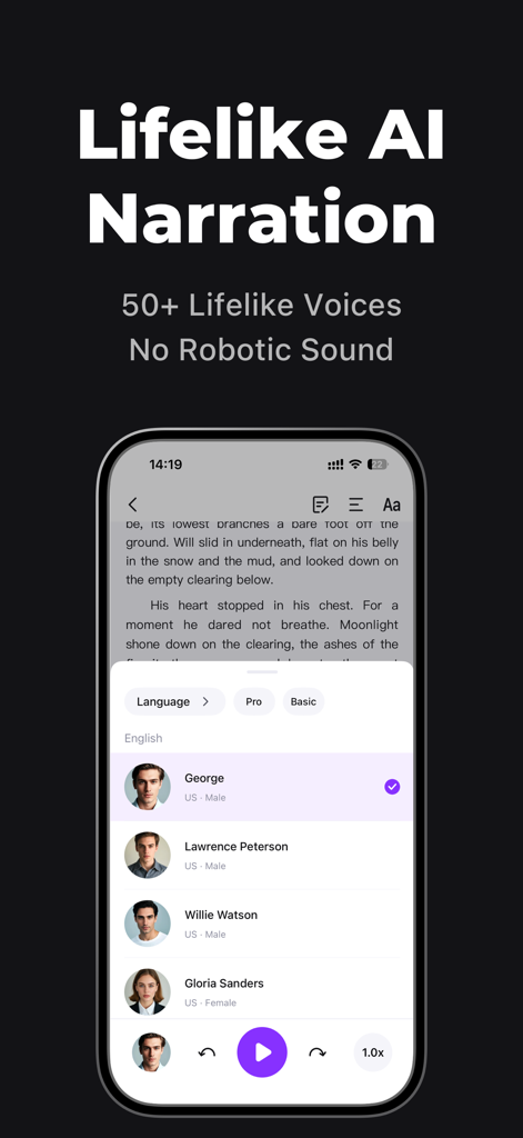 Readify: AI Natural Read Aloud - Readify mobile app interface showing a selection of natural AI voices for lifelike text to speech narration