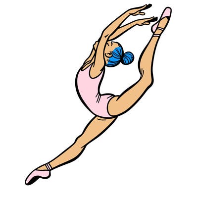 gymnast doing a leap in a leotard with a bent back leg