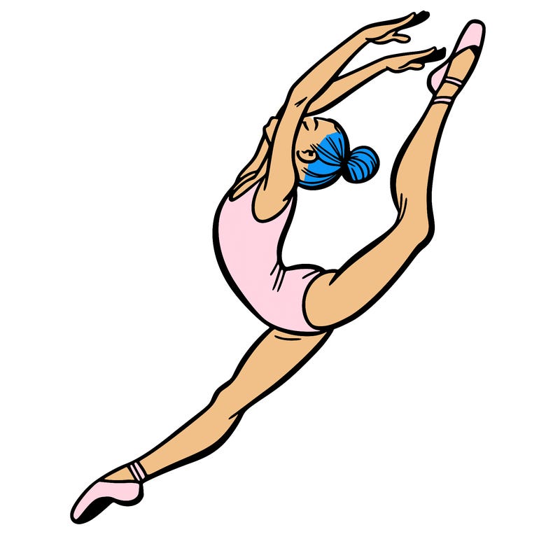 gymnast doing a leap in a leotard with a bent back leg