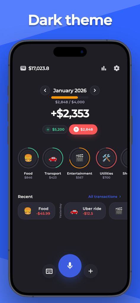 Expense Tracker: Budget AI - Expense Tracker Budget AI mobile app dashboard in dark mode showing monthly spending categories and income