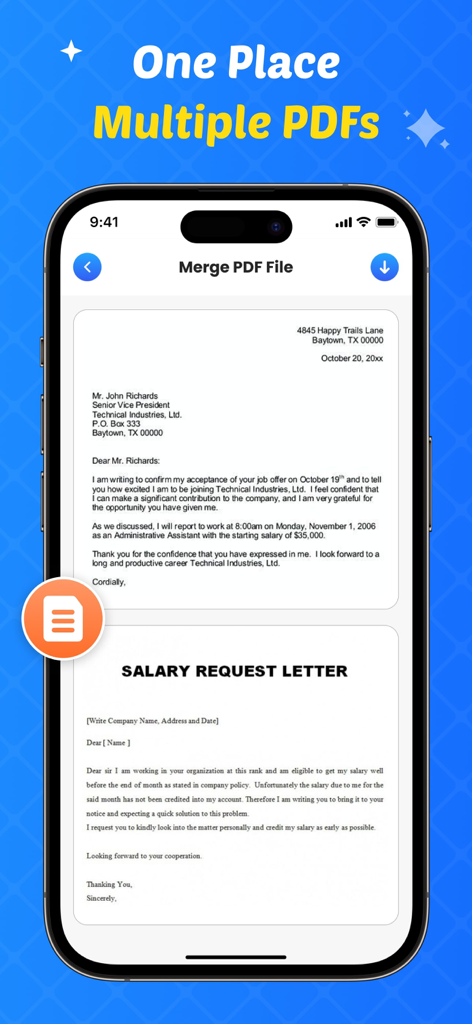 Interface of the Remove Handwriting app showing the PDF merging tool with two document previews