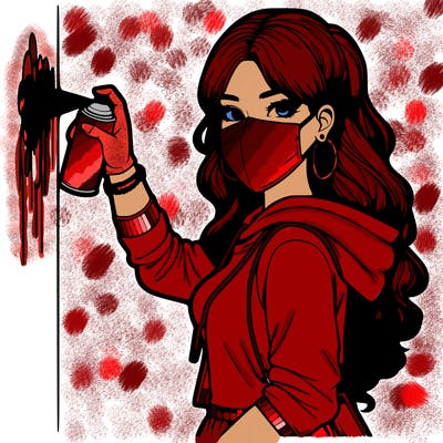 realistic girl with mask spray painting a wall