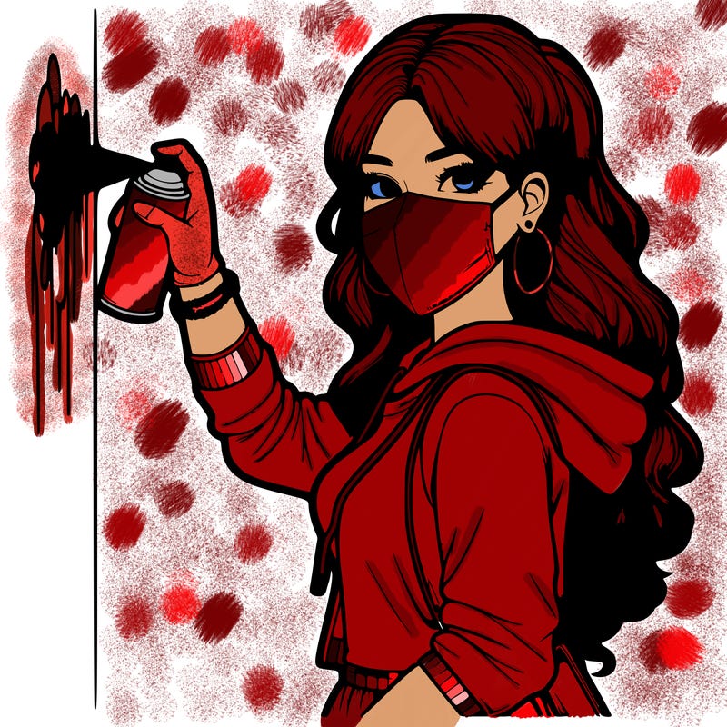 realistic girl with mask spray painting a wall