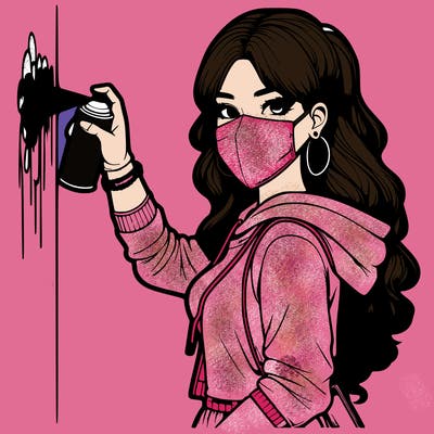 realistic girl with mask spray painting a wall