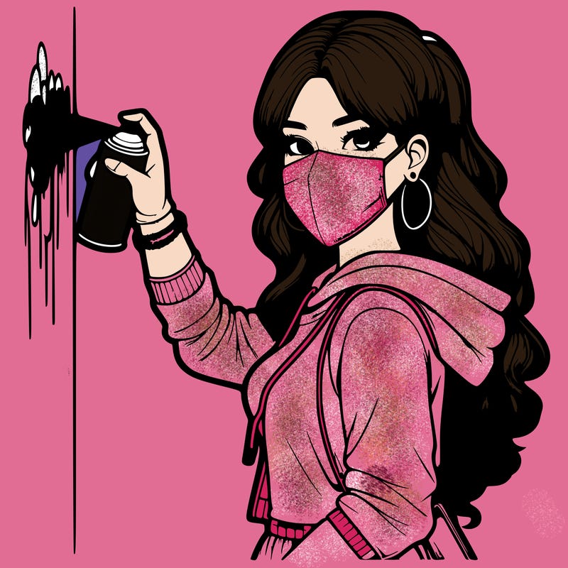 realistic girl with mask spray painting a wall