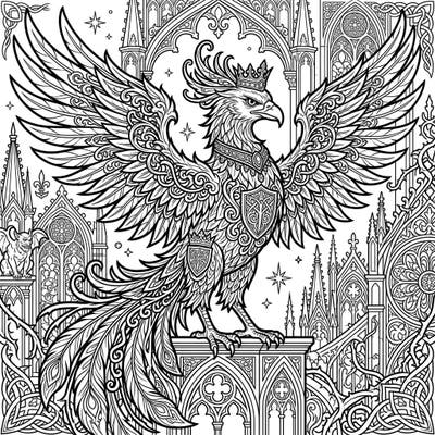 Discover a regal Royal Phoenix reimagined with stunning Gothic elegance in this unique coloring page. Its intricate details and majestic presence promise an engaging artistic escape for fantasy lovers.