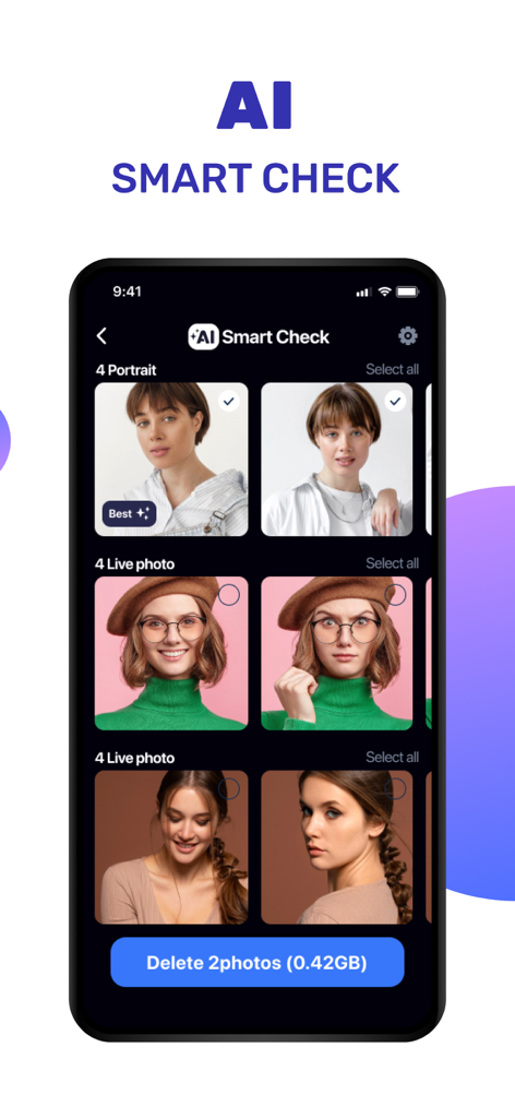 ABC AI Security Cleaner - Interfaz de la aplicación ABC AI Security Cleaner que muestra la función de Comprobación Inteligente IA identificando fotos duplicadas de retratos y en vivo para ahorrar espacio de almacenamiento