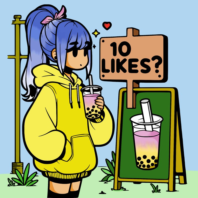girl with oversized hoodie drinking boba and she has a high ponytail with a sign that says 10likes?