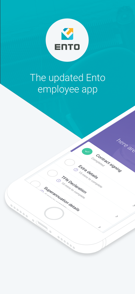 Ento Employee app onboarding screen showing a checklist for contract signing and tax declarations