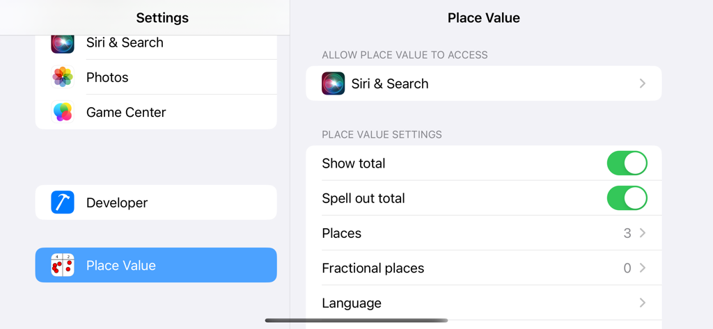 Settings screen of the Place Value Chart app showing configuration options for totals and decimal places