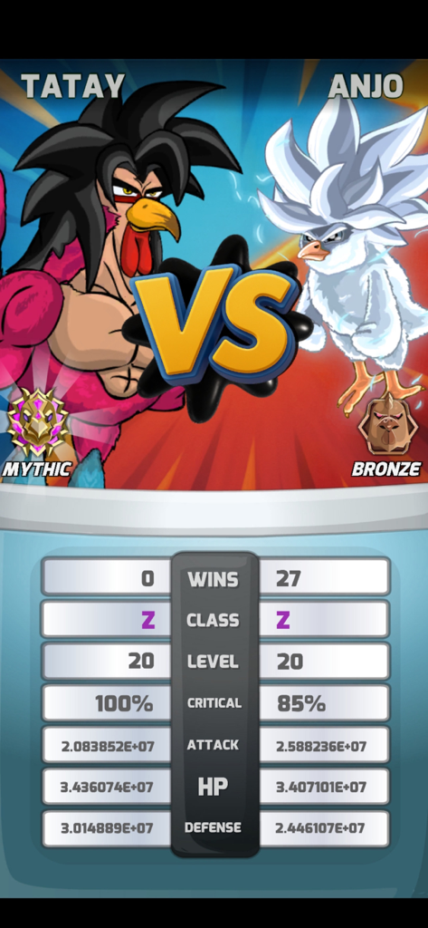 Versus screen in Manok Na Pula comparing two chicken fighters with anime-style hair and their battle statistics.