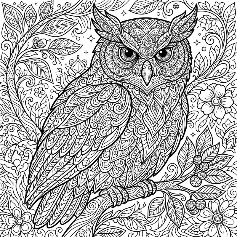 Embark on a mindful journey with this intricate adult coloring page featuring a majestic owl. Discover elaborate mandala and zentangle patterns within its feathers and a lush, detailed background.
