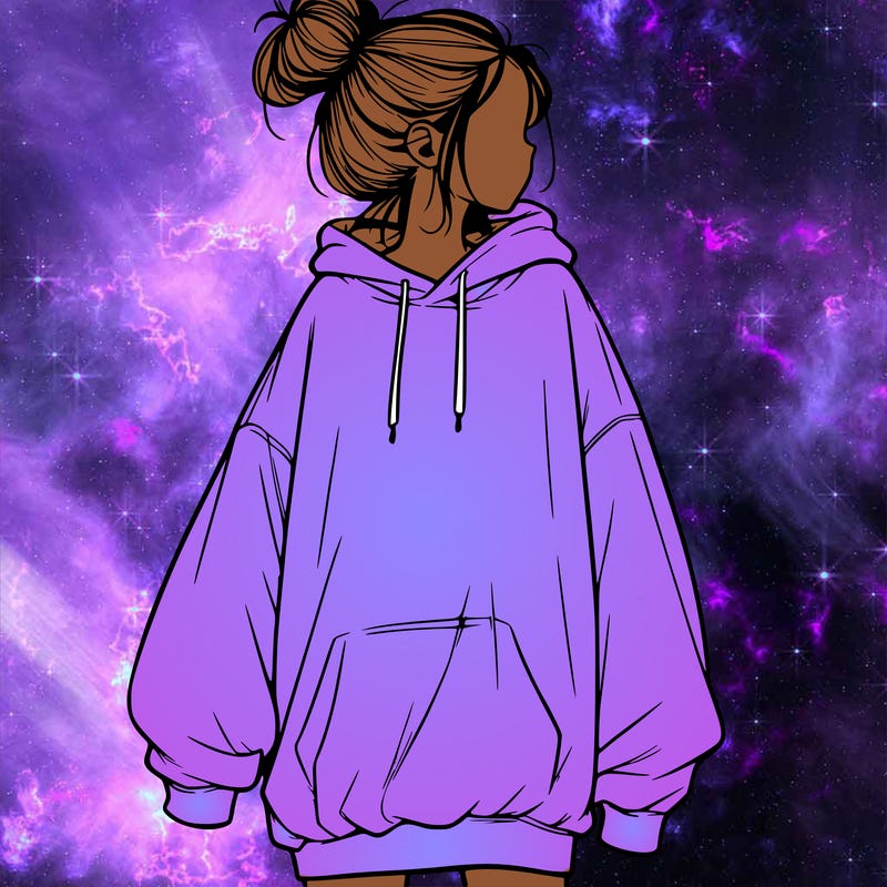 realistic girl with a oversized sweatshirt on and a bun