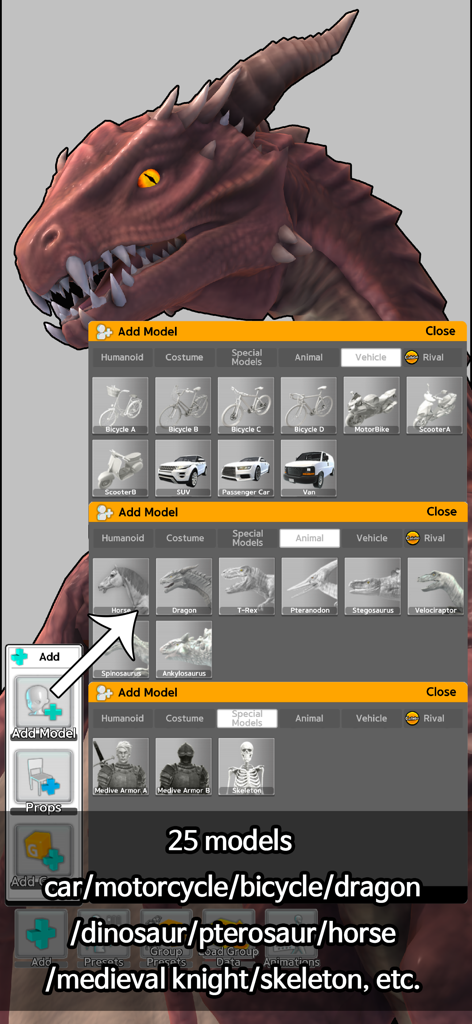 Easy Pose app interface displaying various 3D model categories including animals, vehicles, and special characters like dragons and skeletons.