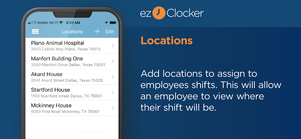 ezClocker: Employee Time Track - ezClocker app interface showing a list of business locations for assigning employee shifts