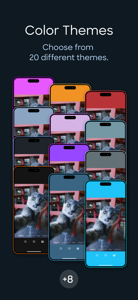 Showcase of various color themes for the TapShot app interface displayed on multiple iPhones