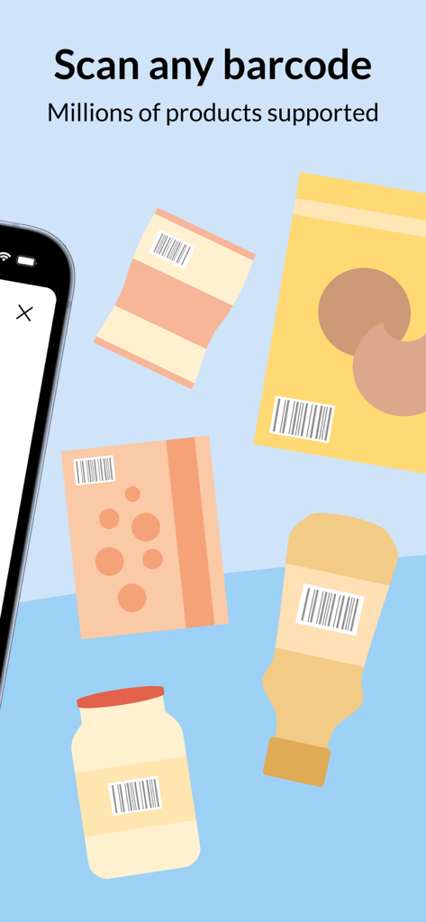 Sugar Free Scanner - An illustration of various food products with barcodes and the text Scan any barcode Millions of products supported