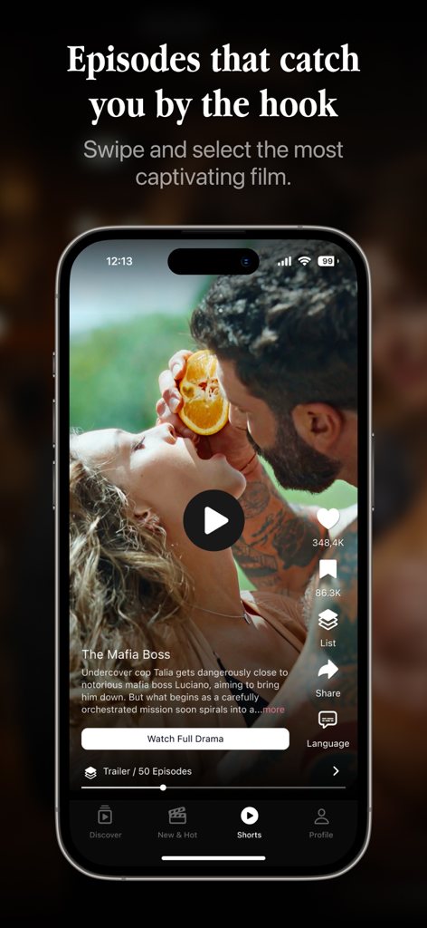 Interfaz de la aplicación DramaShorts que muestra un drama vertical corto titulado The Mafia Boss