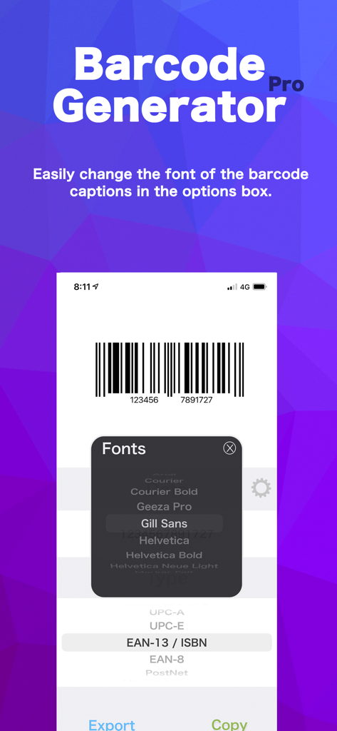バーコードキャプションのフォントカスタマイズオプションを表示するモバイルアプリのインターフェース。