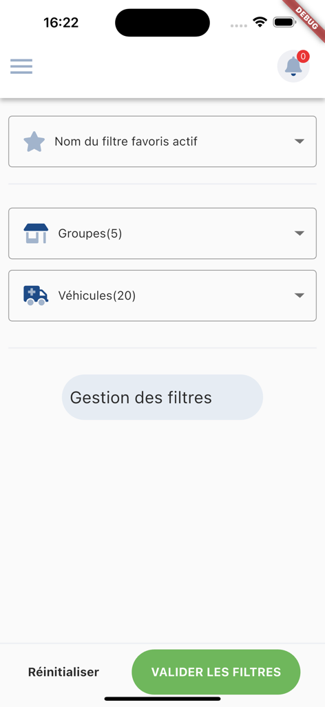 Écran des paramètres de filtre de l'application de gestion de flotte Exdat montrant les options de sélection de groupes et de véhicules.