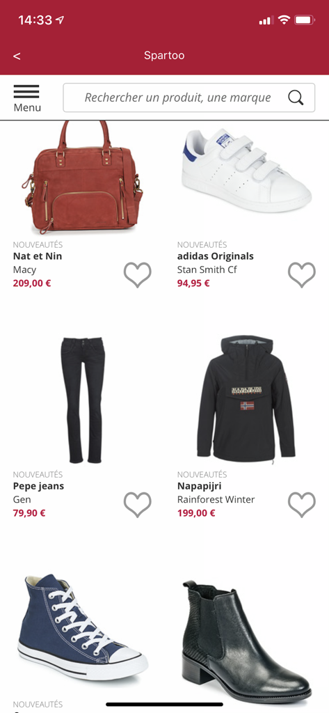 Shoes and fashion Spartoo - Spartoo mobile app interface showing a catalog of shoes, bags, and clothing from international brands