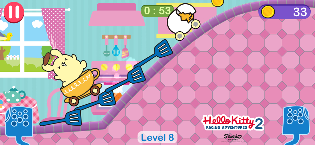 Hello Kitty car games for girl - Gameplay of Hello Kitty Racing Adventures 2 showing a character in a teacup car on a kitchen ramp