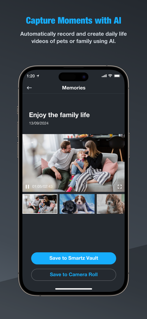 Smartz Eaze - Smartz Eaze app screen showing AI generated family and pet video memories
