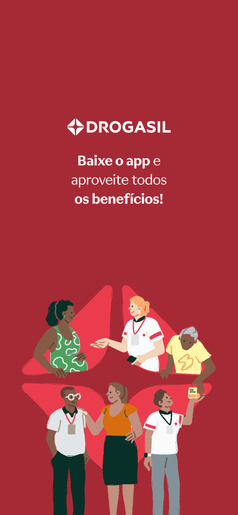 Drogasil app welcome screen with logo and customer illustration