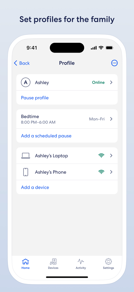A screenshot of the eero app showing a family profile with internet pause and bedtime schedule settings