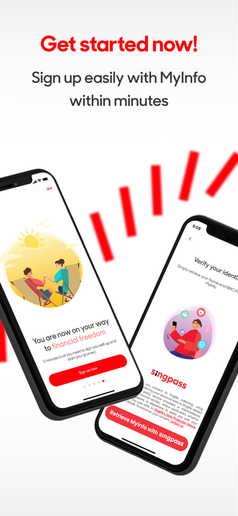Singlife App Onboarding-Bildschirme, die Anmeldung und Identitätsprüfung mit Singpass zeigen