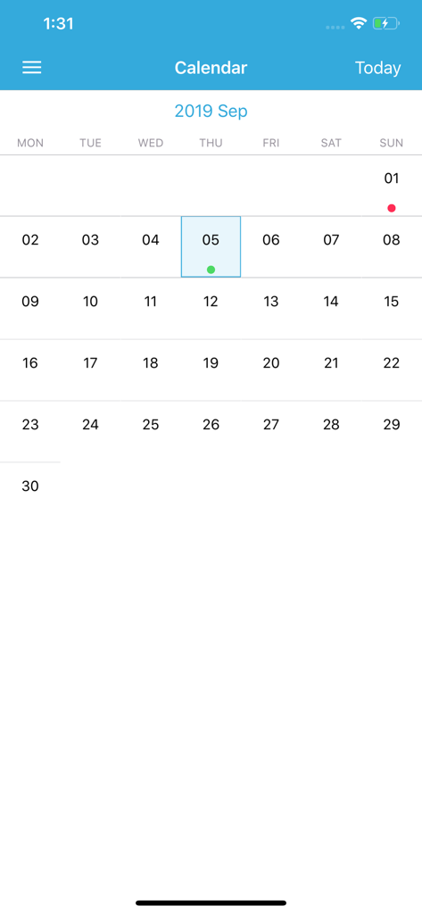 Calendar view in the iNote Pro app displaying color coded notes and events
